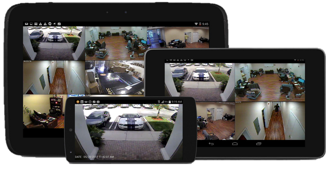 Cámaras de una oficina vistas en una tablet y un celular