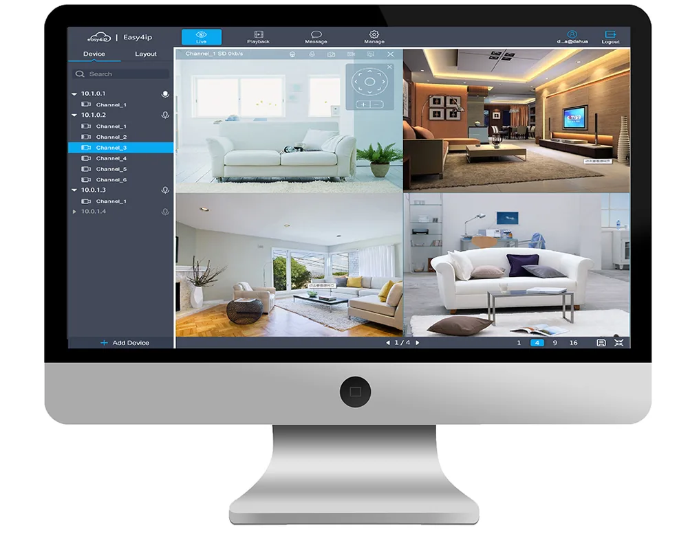 Programa de visualización de cámaras en un computador con cuatro imágenes en pantalla