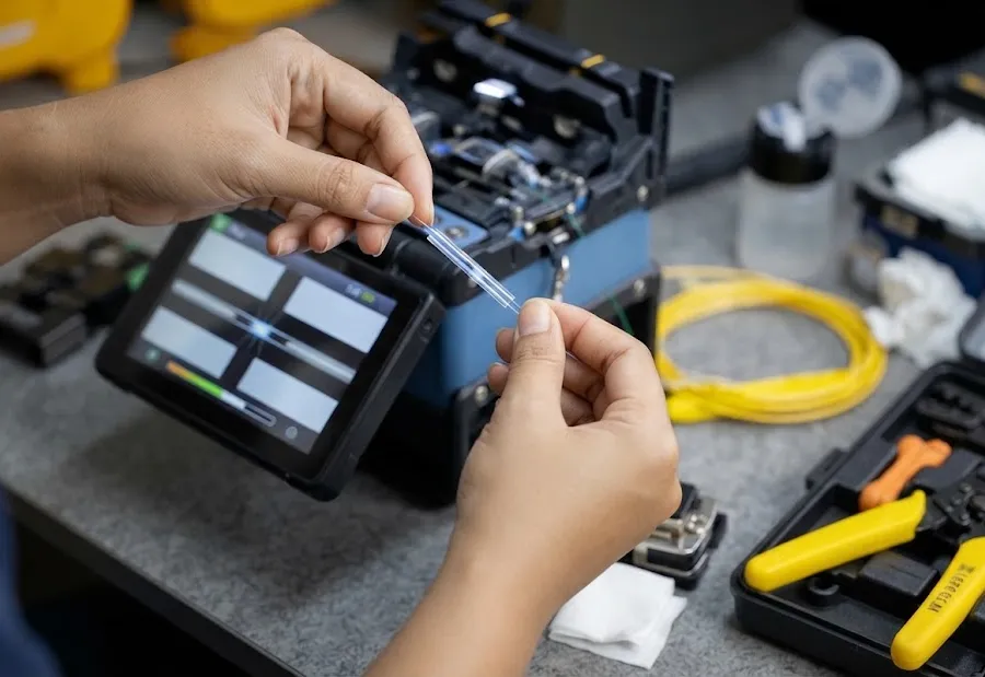 Técnico preparando un hilo de fibra óptica para fusionarlo en una empalmadora